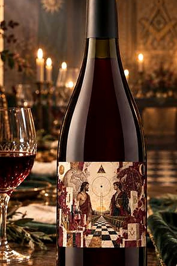 Bouteille de vin rouge Vina Sapientiae avec une étiquette aux symboles maçonniques, colonnes J et B et pavé mosaïque