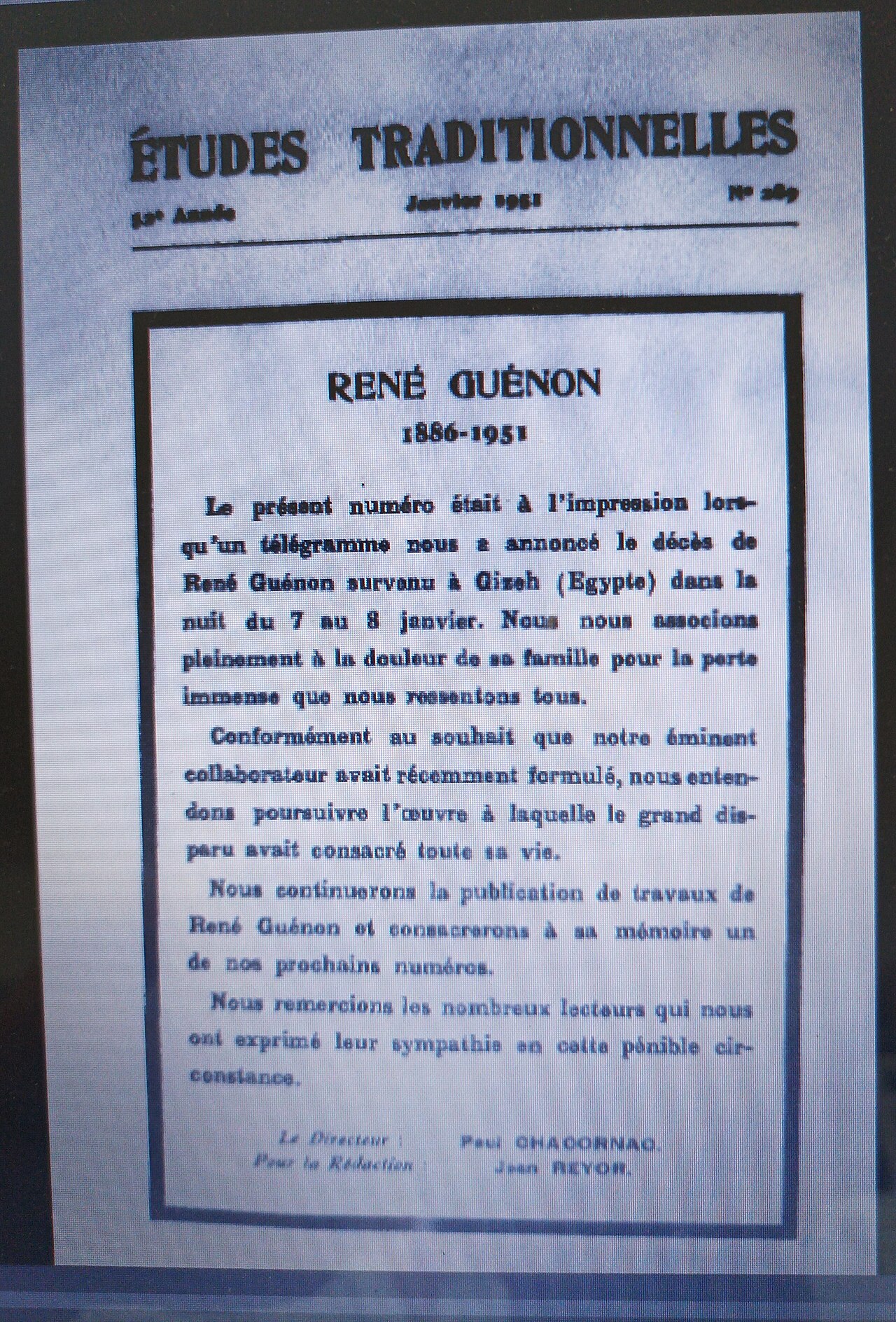 Denys Roman – Annonce de la mort de René Guénon dans la revue Études Traditionnelles, 52e anné