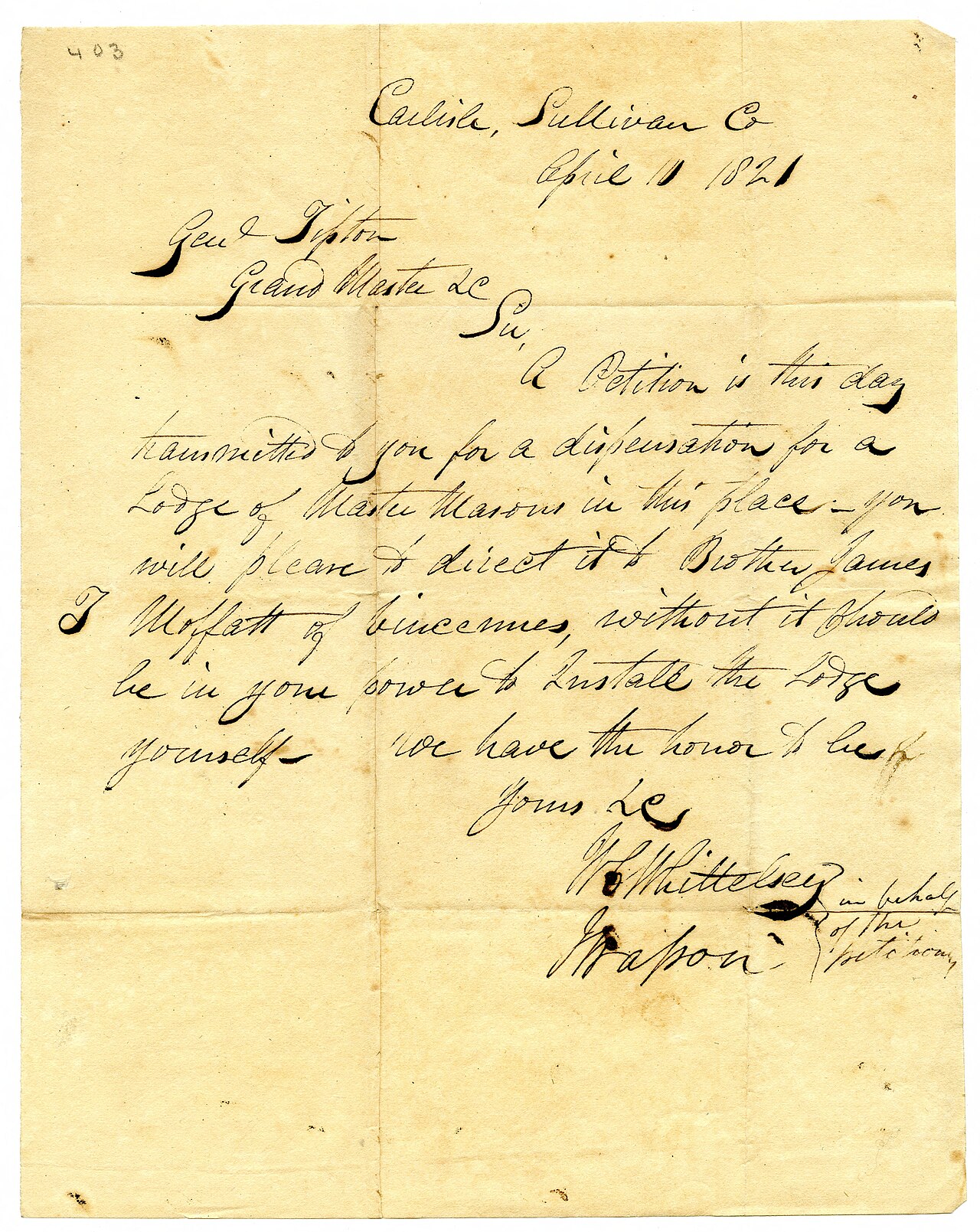 Enquête en franc-maçonnerie – Petition for Masonic lodge, Whitteley to John Tipton, 1821-04-11 - DPLA - 5bbfe7704c4c45d5
