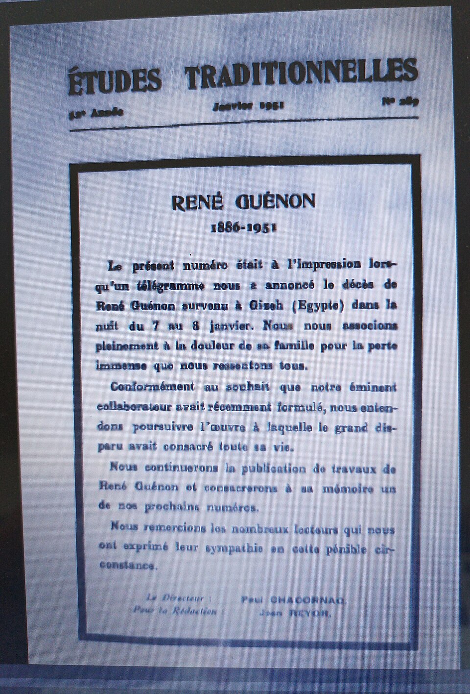 Études traditionnelles, janvier 1951, annonce de la mort de René Guénon