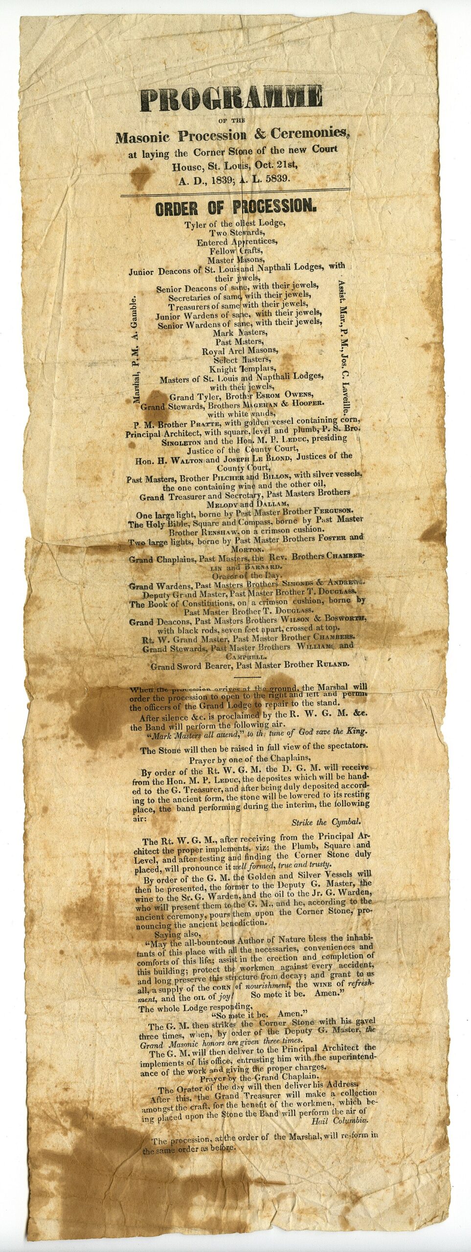 Extériorisation en franc-maçonnerie – Programme of the Masonic Procession and Ceremonies at laying the Corner Stone of the new C