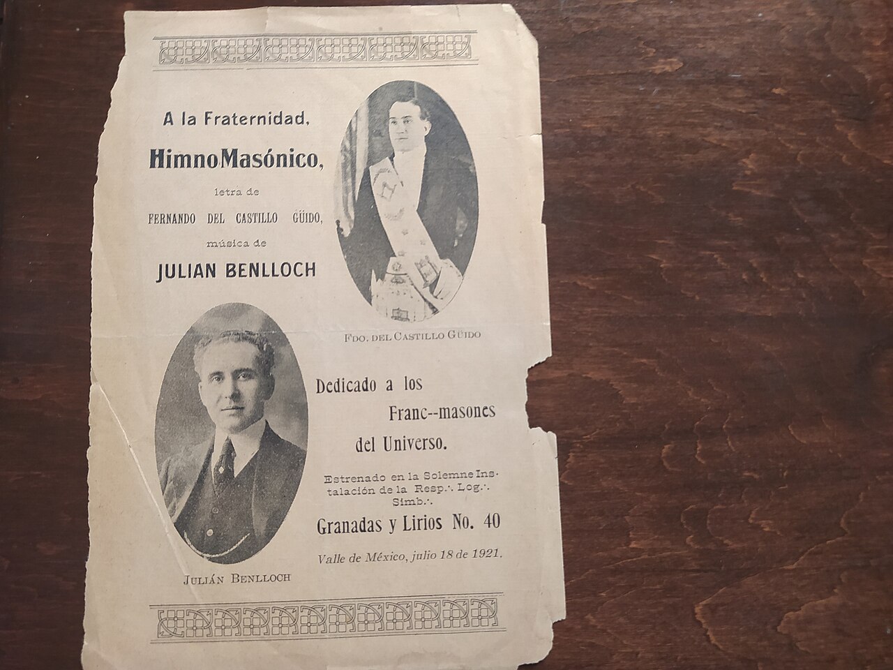 Frère à Talent en franc-maçonnerie – Himno Masónico Fernando del Castillo Güido Julián Benlloch 18jul1921 2