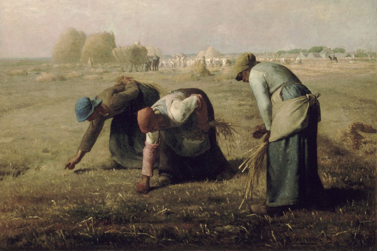 Des glaneuses de Jean-François Millet : trois paysannes ramassent les épis restés au sol après la moisson
