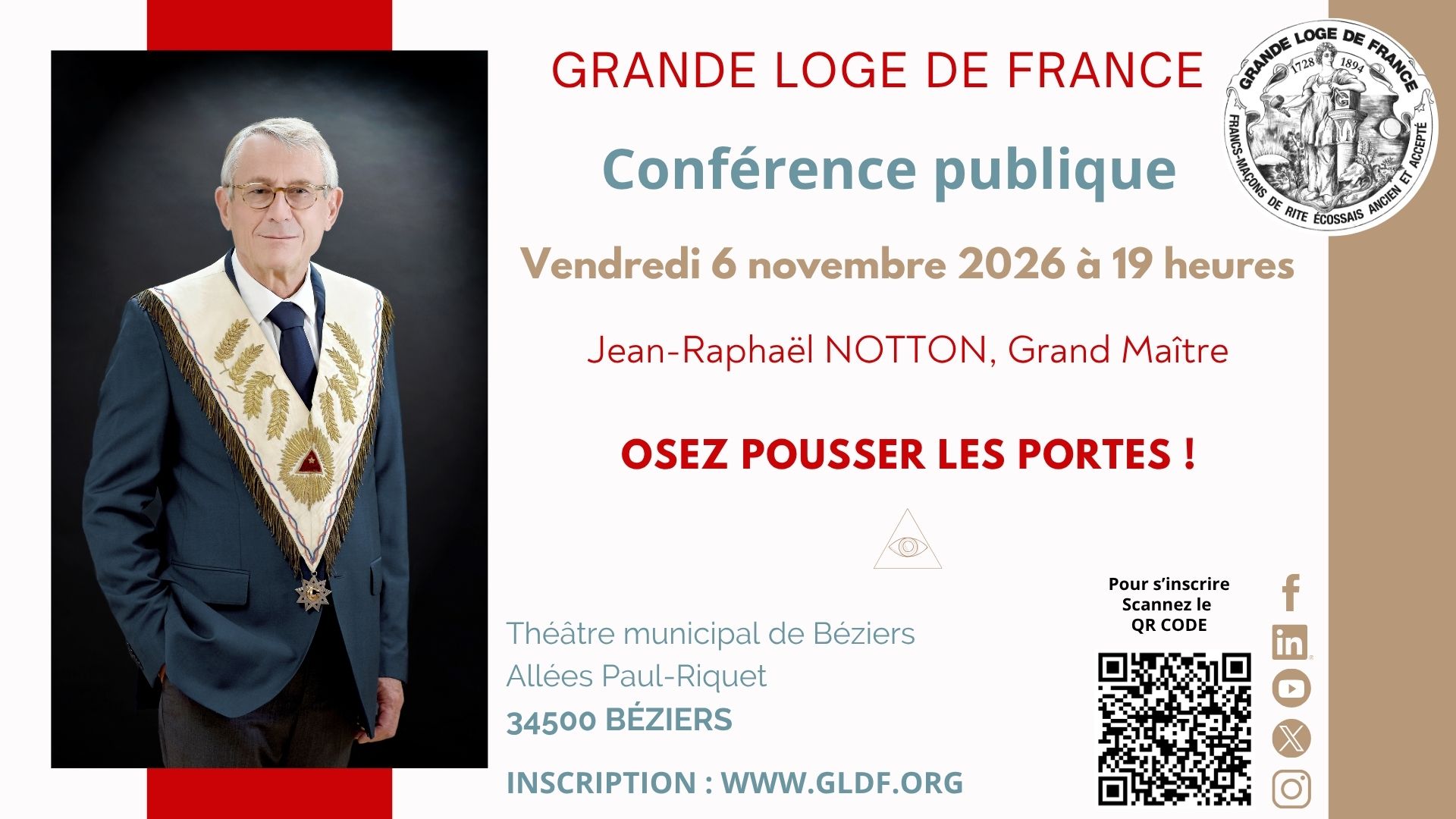 Affiche de la conférence de Jean-Raphaël Notton à Béziers le 6 novembre 2026