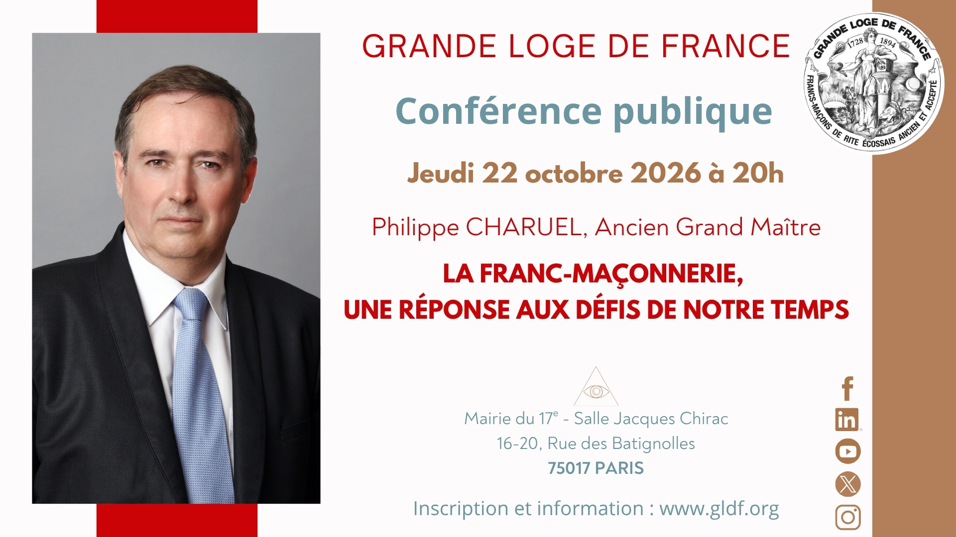 Affiche de la conférence de Philippe Charuel à la mairie du 17e arrondissement de Paris