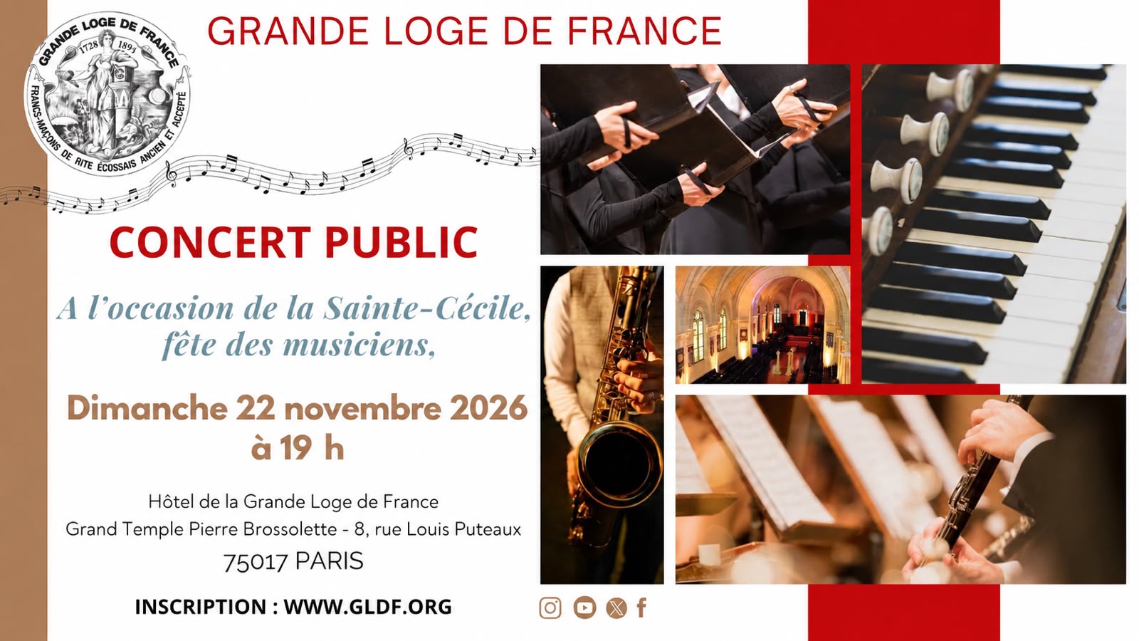 Affiche du concert public de la Sainte-Cécile à la Grande Loge de France le 22 novembre 2026