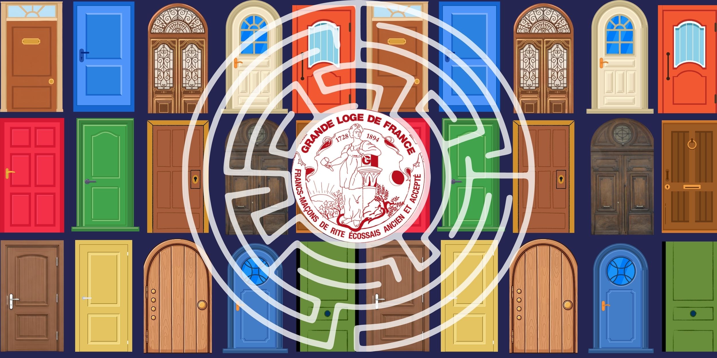 Des portes de toutes les couleurs autour du sceau de la Grande Loge de France