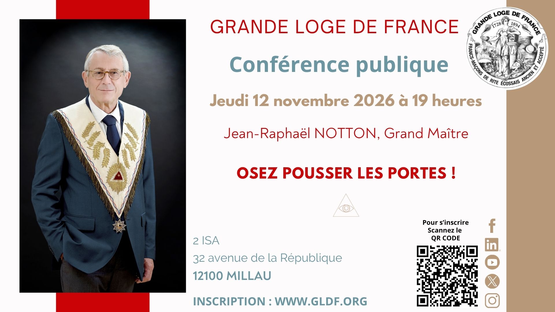 Affiche de la conférence de Jean-Raphaël Notton à Millau le 12 novembre 2026