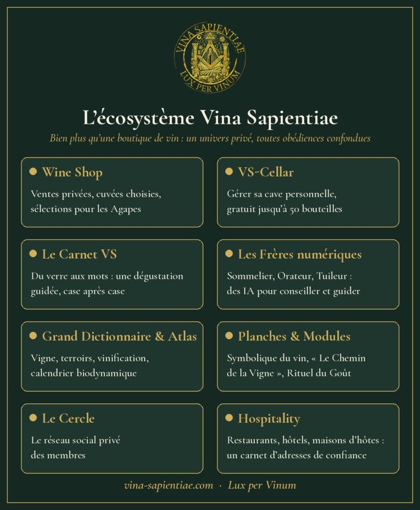 Infographie de l’écosystème Vina Sapientiae : Wine Shop, VS-Cellar, Carnet VS, IA, Grand Dictionnaire, Planches, Le Cercle, Hospitality