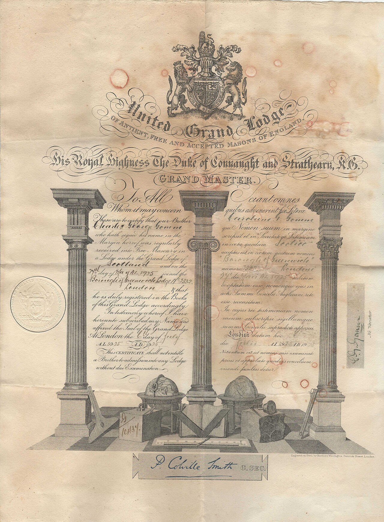 Jean-Eugène Murat – United Grand Lodge of England 1925