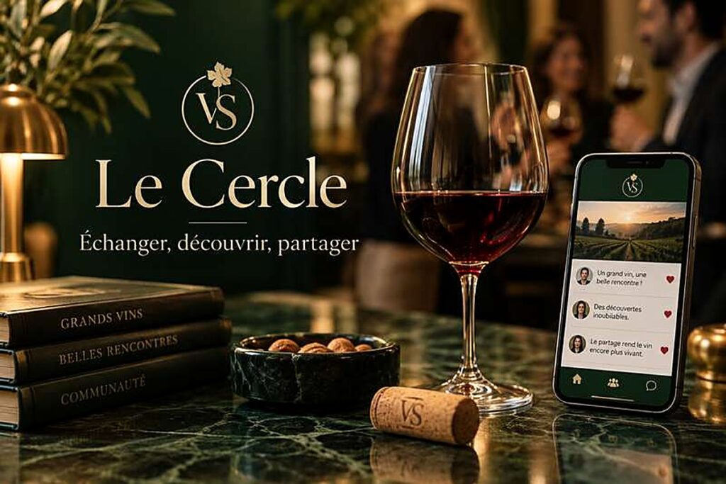 Verre de vin rouge et smartphone affichant le réseau social privé Le Cercle de Vina Sapientiae