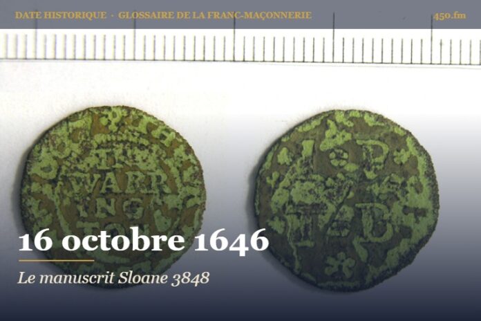 Manuscrit Sloane 3848 copié par Edward Sankey, 16 octobre 1646 – date historique de la franc-maçonnerie – 450.fm