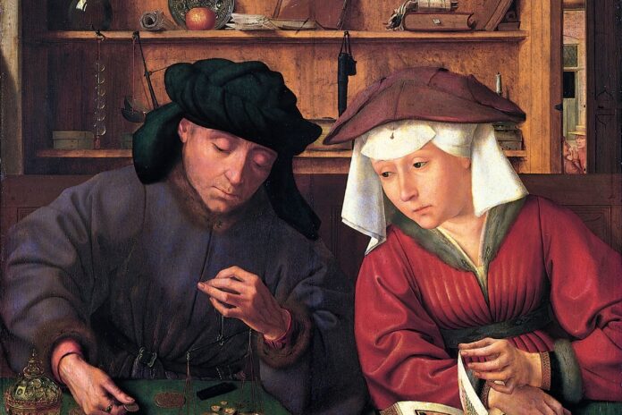 Le Prêteur et sa femme de Quentin Metsys : un changeur pèse des pièces d’or tandis que son épouse feuillette un livre d’heures