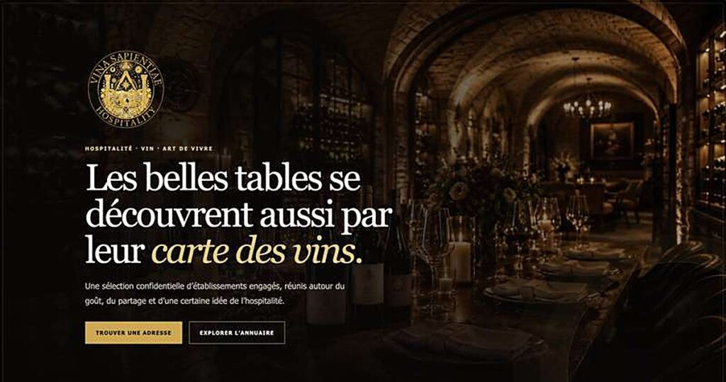 Page d’accueil de Vina Sapientiae Hospitality : une cave voûtée et une table dressée
