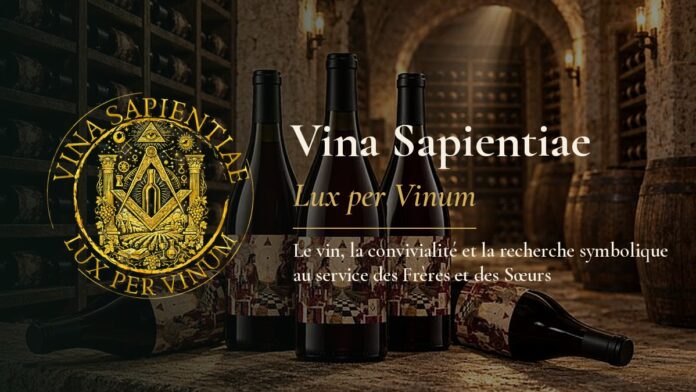 Logo doré de Vina Sapientiae devant des bouteilles dans une cave voûtée, devise Lux per Vinum
