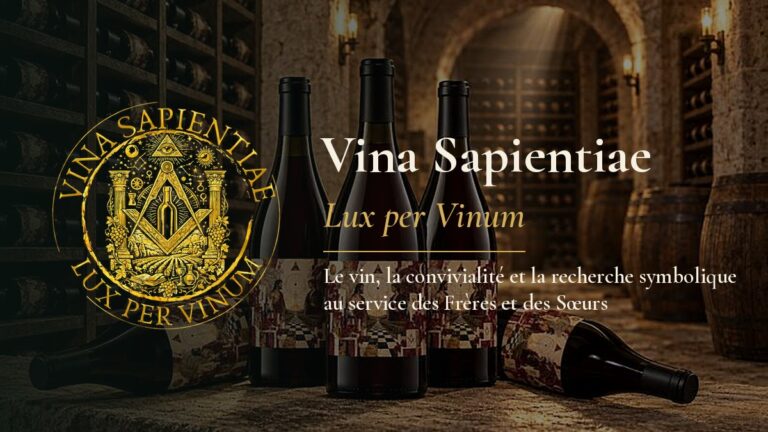 Logo doré de Vina Sapientiae devant des bouteilles dans une cave voûtée, devise Lux per Vinum