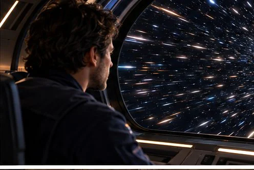 Pierre contemple les étoiles déformées par l’aberration relativiste à une vitesse proche de celle de la lumière