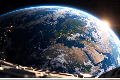 La Terre vue depuis le hublot du vaisseau qui s’éloigne vers TOI 700
