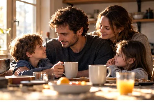 Pierre, sa femme, leurs enfants et le chien autour de la table du petit-déjeuner, avant le grand départ